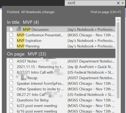 A OneNote Search pane showcasing the "in title" vs "on page" search results